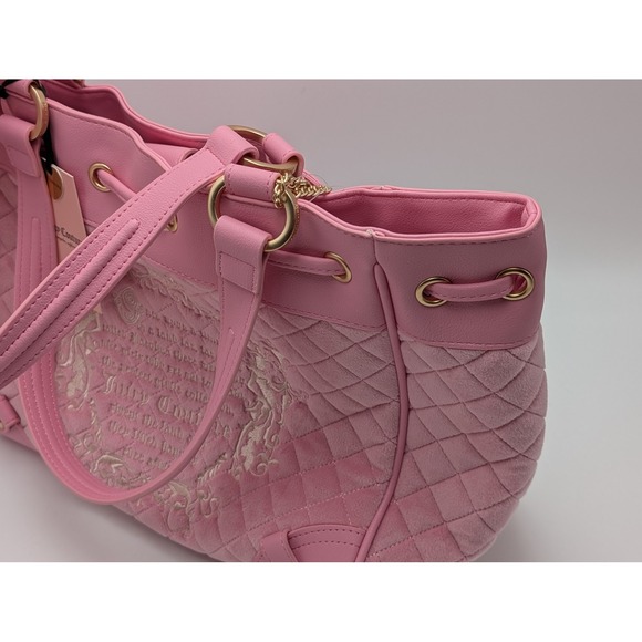 Juicy Couture Tote Women Large Pink Juicy Tale Quilted Velour Y2K Bow Charm Bag - Picture 4 of 11
